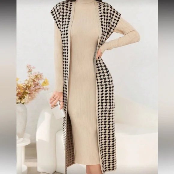 Beige and Black Houndstooth Long Cardigan Dress - Picture 10 of 14